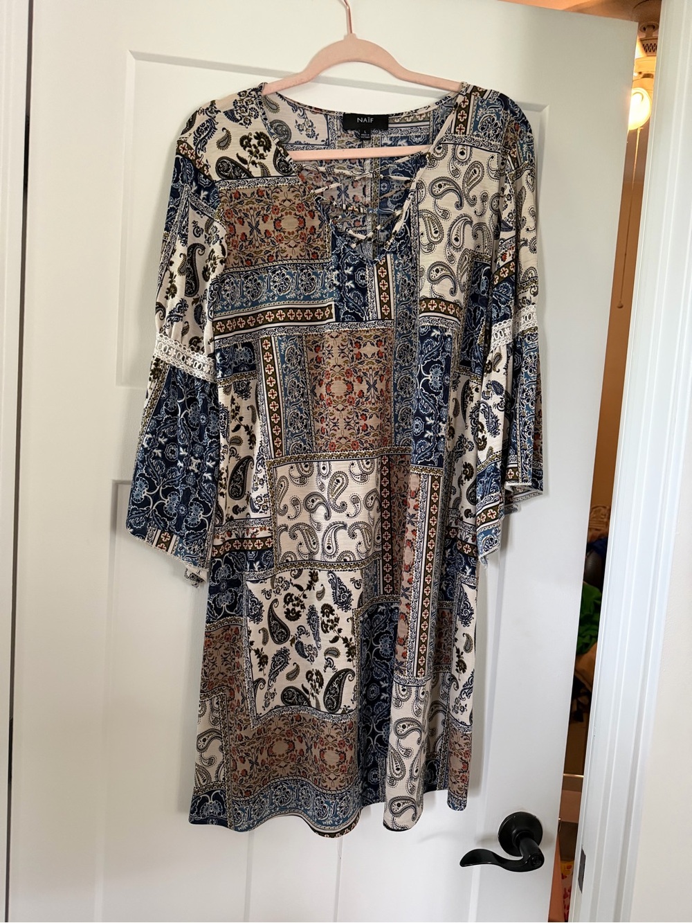 Patchwork Paisley Tunic Dress in Navy, Cream & Brown